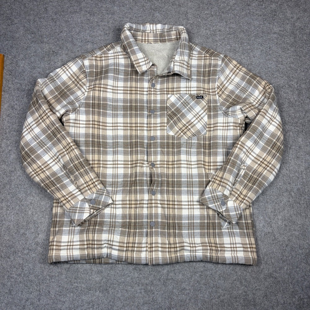 Hurley Mens Plaid Flannel Shirt Jacket Tan Brown Faux Shearling Lined Large